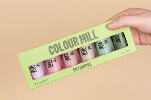 Colour Mill Aqua Botanical Pack with six 20ml water-based food colouring bottles in Olive, Sage, Latte, Rose, Dusk and Lilac.