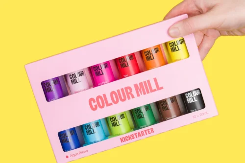 Colour Mill Aqua Kickstarter Pack featuring 12 water-based food colouring bottles in assorted vibrant shades.