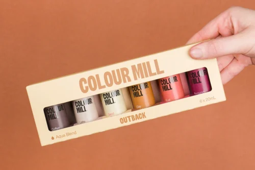 Colour Mill Aqua Blend Outback collection of six concentrated water-based food colouring bottles.
