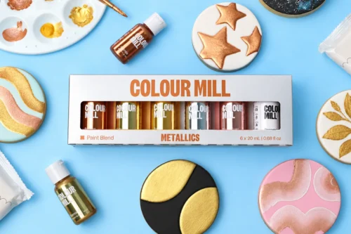 Colour Mill edible paint metallic pack containing six 20ml Paint Blend bottles in Bronze, Glamour, Butter, Sterling, Rose Gold and Porcelain.
