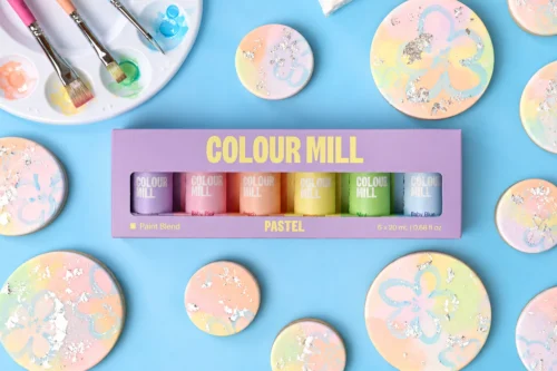 Colour Mill edible cake paint Pastels Pack featuring six 20ml bottles in Lavender, Baby Pink, Peach, Lemon, Mint and Baby Blue.