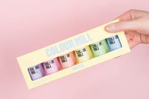 Colour Mill Aqua Pastels Pack featuring six 20ml water-based food colours in Baby Blue, Baby Pink, Mint, Lemon, Peach and Lavender.
