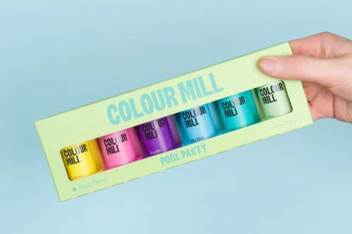 Colour Mill Aqua Pool Party Pack featuring six 20ml water-based food colours in Yellow, Candy, Purple, Sky Blue, Teal and Mint.