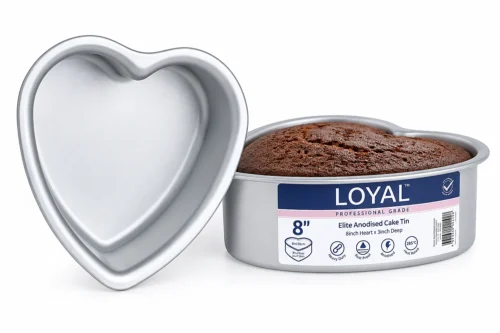 Heart cake tins with chocolate cake baked in a deep anodised aluminium heart shaped cake tin
