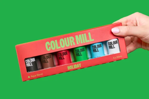 Colour Mill Holiday Aqua Pack featuring six 20ml water-based food colours in White, Sky Blue, Green, Red, Chocolate and Black