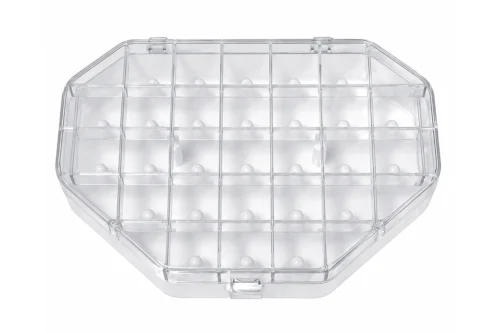 Clear piping tip organiser storage box with individual compartments for cake decorating tips