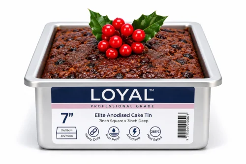 Square cake tin in anodised aluminium with baked fruit cake for professional and home baking