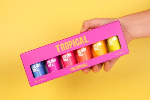 Colour Mill Tropical Pack featuring six 20ml oil-based food colours in Cobalt, Fuchsia, Melon, Coral, Mango and Kiwi